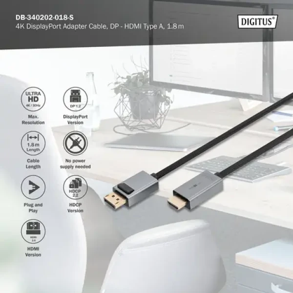 Digitus / DisplayPort připojovací kabel / DP/M - HDMI-A/M / 4K / 1,8 m (DB-340202-018-S)