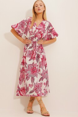 Trend Alaçatı Stili Dámské růžové dvouřadé límec se vzorovaným lněným oblečením