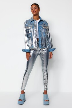 Trendyol stříbrná lesklá metalická potištěná džínová bunda