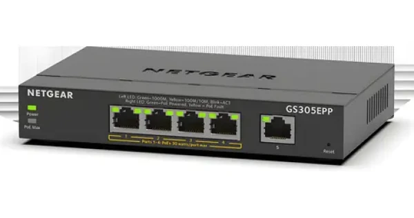 NETGEAR GS305EPP-100PES / Switch / Managed / 5× Gigabit LAN / 4× PoE+ (802.3at) / Fanless (GS305EPP-100PES)