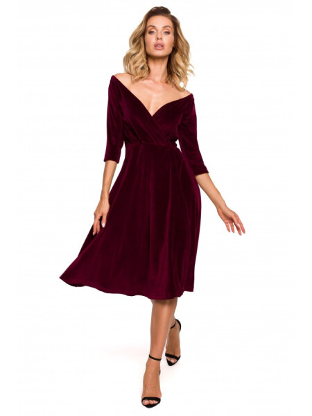 M645 Sametové zavinovací midi šaty - vínové EU XXL