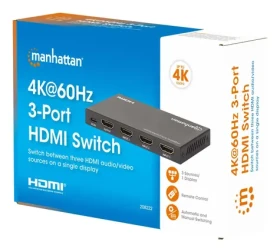 Manhattan HDMI Switch 3 vstupy / HDMI přepínač / 4K 60Hz / HDCP 2.2 / Dolby Vision, Atmos / kovové tělo (208222)
