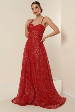 By Saygı Rope Strap Bead Detailed Lined Sequin And Silvery Underwire Long Dress Red