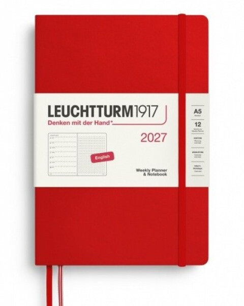 Týdenní plánovač Zápisník Cherry, tečkovaný Medium A5 2027, anglicky