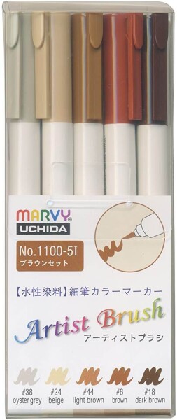 Marvy Umělecké fixy se štětcovým hrotem Artist Brush sada 5ks BROWN
