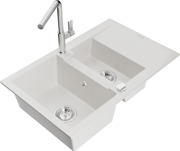 MEXEN/S - Gaspar granitový dřez 1.5 s odkapávačem včetně baterie Flora, bílá 6507-20-670401-00