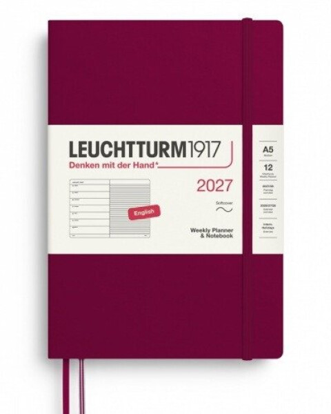 Týdenní plánovač Zápisník Port Red, Medium A5 2027, Softcover, anglicky