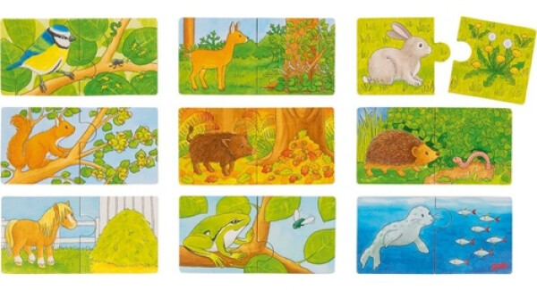 Dřevěné puzzle dvojice Zvířátka jejich potrava 9x2 dílků