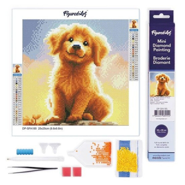 Mini diamantové malování - Štěňátko zlatý retrívr (bez rámu, 25 x 25 cm)