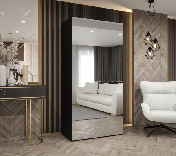 Šatní skříň Abi Marbella 3 Rozměry: 100 cm, Pásky / úchyty: Stříbrné, Barva korpusu + barva dveří: Černá + zrcadlo