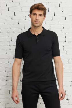 ALTINYILDIZ CLASSICS Pánské černé standardní střih normální střih polo výstřih krátký rukáv pletené tričko