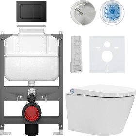 CERANO Závěsné WC s bidetem Basic/Cronus Premium - bílá lesklá - WC tlačítko Maxio/Černá - ovládání shora - předstěnová instalace - 59,3x38,4 cm