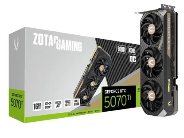 ZOTAC GeForce RTX 5070 Ti Solid Core OC 16GB / 2295 - 2482Mhz / 16GB GDDR7 / 256bit / 1x HDMI + 3x DP / 750W (16) (ZT-B50710J2-10P)