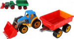 Traktor/nakladač/bagr s vlekem se lžící plast na volný chod 2 barvy v síťce 16x61x16cm