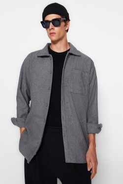 Trendyol šedá pánská nadměrná košile s límečkem a razítkem, silná zimní košile bunda
