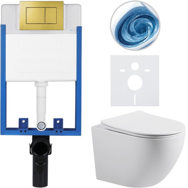 CERANO Kompletní WC set Profi/Cesso - bílá lesklá - WC tlačítko Classic/Zlatá - pro zazdění - 49x36 cm - 011264