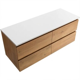 CERANO Koupelnová skříňka Carole - dub medový + deska pod umyvadlo z lit. mramoru Elanys - 12 mm - bílá matná - 140x49,2x46 cm