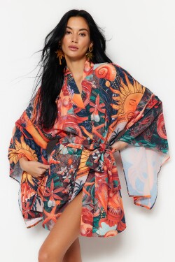 Trendyol tropický vzorovaný mini tkaný kimono kaftan páskem
