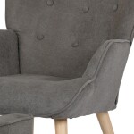 Křeslo "ušák" s podnožkou, potah hnědá látka, dřevěné nohy, masiv kaučukovník