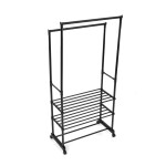 Stojan na šaty dvouramenný se třemi policemi, černá barva, kov / plast, chrom