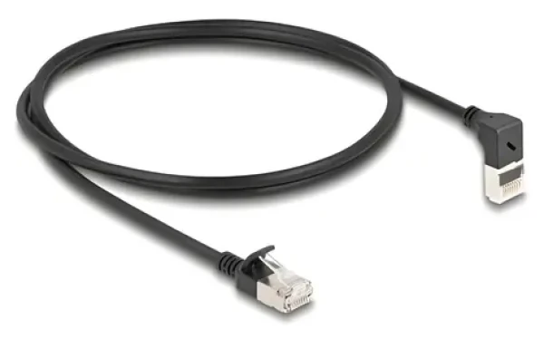 DeLock černá / Síťový kabel / Cat.6A S/FTP / Slim / RJ45 rovný - RJ45 úhlový 90° / 1 m (80287)