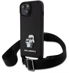 Pouzdro Karl Lagerfeld Saffiano Crossbody Metal Karl and Choupette iPhone 15 černé