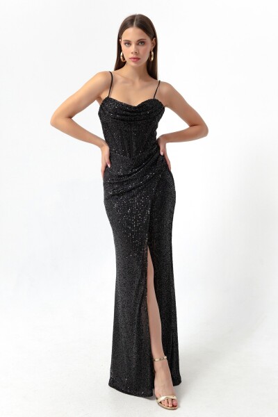 Lafaba Women's Black Underwire Corset Detailed Sequined Long Slit Evening Dress.