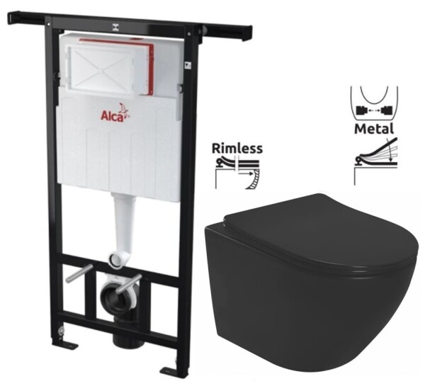 ALCADRAIN Jádromodul - předstěnový instalační systém bez tlačítka + WC REA CARLO MINI RIMLESS ČIERNY MAT + SEDADLO AM102/1120 X MM1