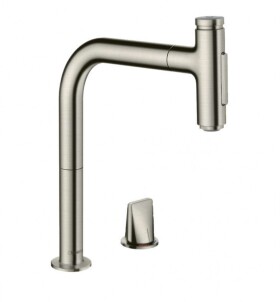 HANSGROHE - M71 Dřezová baterie Metris Select s výsuvnou sprškou, 2-otvorová instalace, vzhled nerezu 73819800