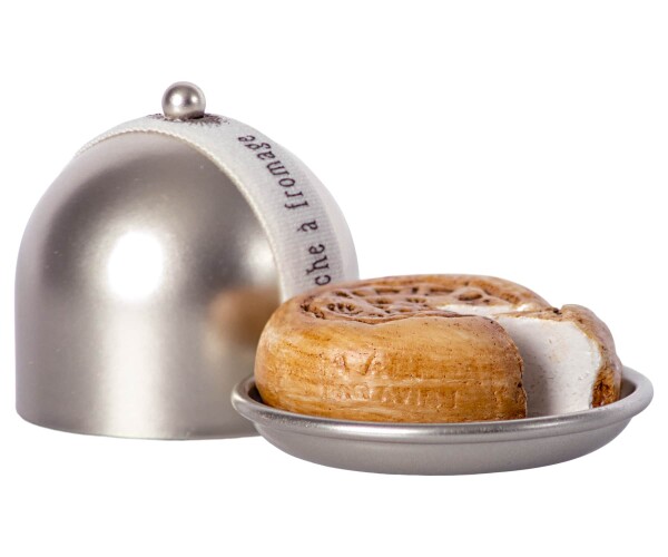 Maileg Podnos s poklopem a sýrem pro myšky Maileg, stříbrná barva, kov, pryskyřice