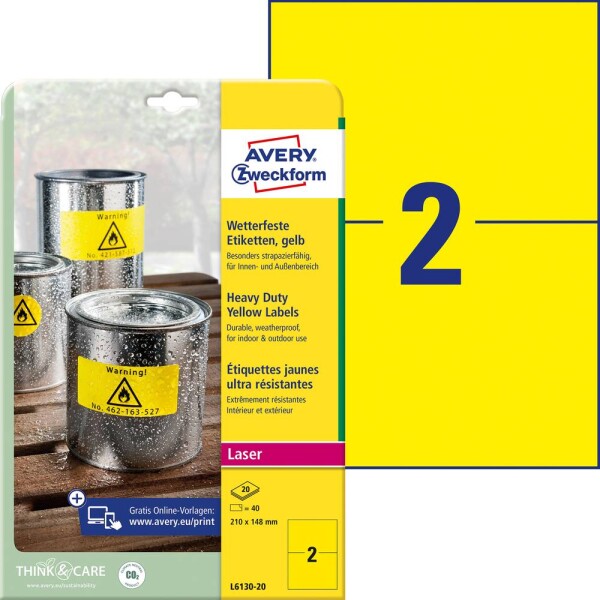 Avery-Zweckform L6130-20 Fóliové etikety 210 x 148 mm poylesterová fólie žlutá 40 ks trvalé barevná laserová tiskárna, laserová tiskárna, barevná kopírka,