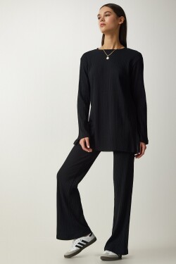 Happiness İstanbul Women's Black Corded Knitted Blouse and Trousers Set