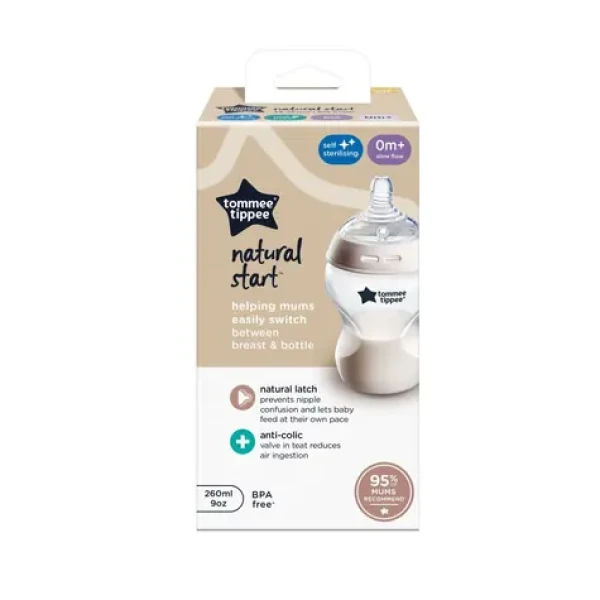 Tommee Tippee Natural Start Samosterilizační Kojenecká Lahev s ANTI-COLIC savičkou Pomalý Průtok 260 ml 0m+ (422871)