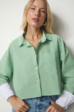 Happiness İstanbul Women's Green Pinstripe Crop Shirt