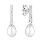 Stříbrné náušnice s perlou a zirkony Pilar - stříbro 925/1000, Stříbrná Bílá