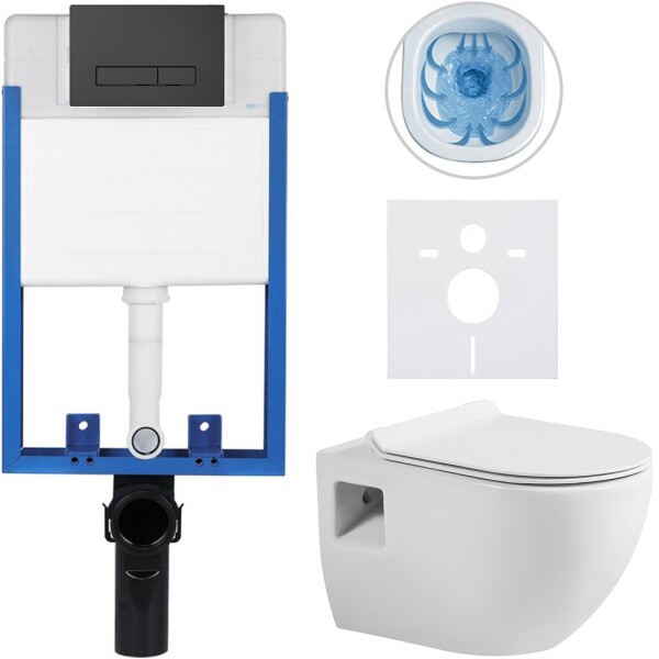 CERANO Kompletní podomítkový WC set Lite/Dure - bílá lesklá - WC tlačítko Slim, černé matné - k zazdění - 51x35 cm
