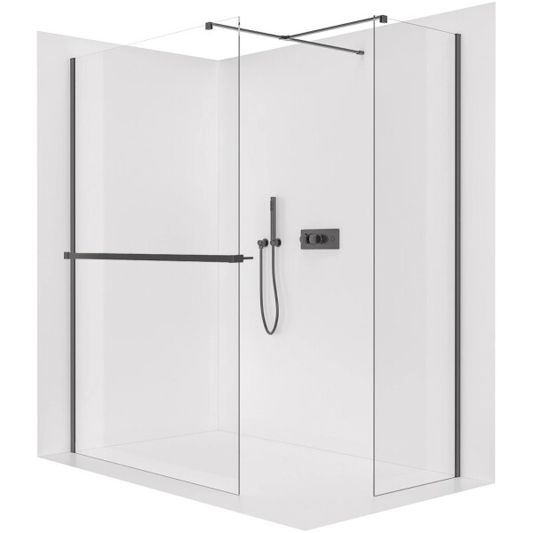 CERANO Sprchová zástěna Walk-in Onyx T L/P - 8 mm - hranatá vzpěra + polička/držák na ručníky - černá matná, transparentní sklo - 150x70x200 cm