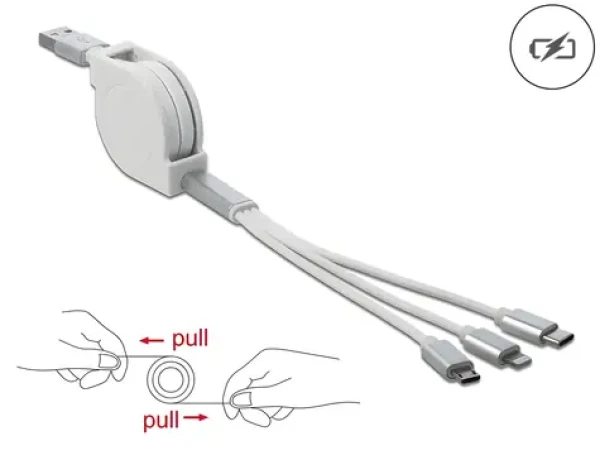 DeLock USB-A 3v1 bílá / Nabíjecí kabel / Lightning, Micro-USB, USB-C / Smotávací (85850)