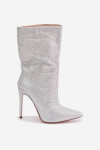 Dámské zdobené kozačky na podpatku s teplou podšívkou stříbrné Galessa 41