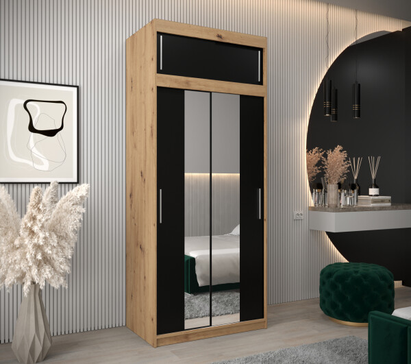 Šatní skříň Abi T1 s nástavcem Barva korpusu: Dub artisan, Rozměry: 100 cm, Dveře: Černá