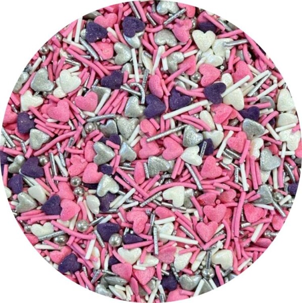 Dortisimo 4Cake Cukrové zdobení bílé, stříbrné, růžové a fialové Tender Heart (50 g)