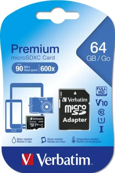 Verbatim Premium microSDXC 64GB + adaptér / Paměťová karta / UHS-I (U1) / Class 10 / V10 / R: 90 MB/s / W: 10 MB/s (44084)