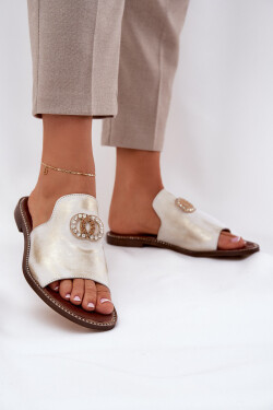 Elegantní Dámské Kožené Pantofle S Dekorací Zazoo 3008 Zlatý Opraný 36