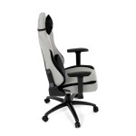 Herní křeslo, stříbrná látka, houpací mechanismus, polohování opěradla 90°-180°, 3D područky, polštáře z paměťové pěny,