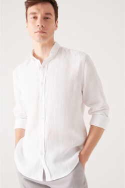 Avva Men's White 100% Linen Buttoned Collar Comfort Fit Shirt