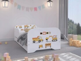 DumDekorace Dětská postel pro kluky 140 x 70 cm s bagrem a nákladním autem