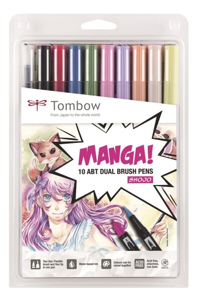 Tombow, ABT-10C-MANGA2, ABT Dual Brush pen, oboustranné popisovače, Manga set Shojo, 10 ks