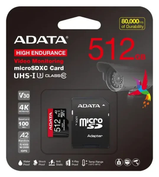 ADATA High Endurance 512GB / Paměťová karta microSDXC / UHS-I U3 / čtení 100 MB/s / zápis 85 MB/s / adaptér (AUSDX512GUI3V30SHA2-RA1)