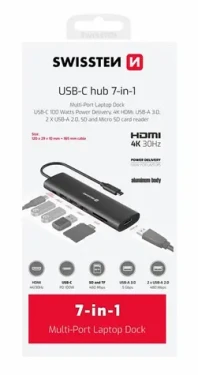 SWISSTEN USB-C HUB 7-IN-1 / USB-C PD / USB 3.0 / 2x USB 2.0 / HDMI / SD / MicroSD / hliník (44040202)