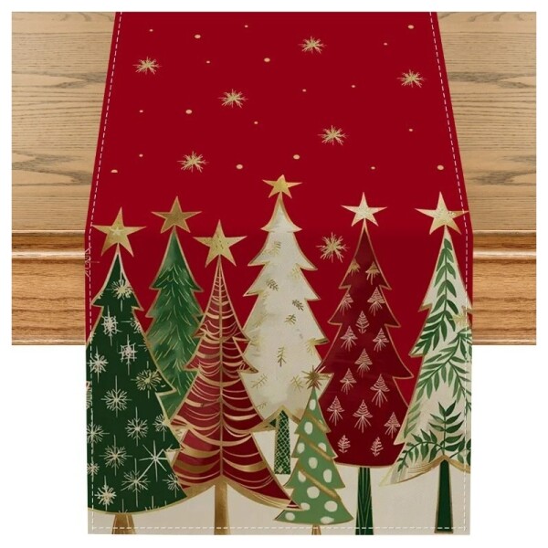 DumDekorace Vánoční lněný běhoun s potiskem - 180 x 33 cm červený stromeček